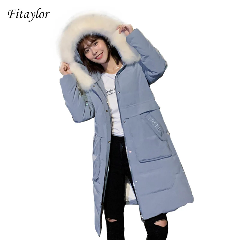Fitaylor зимние женские длинные парки с капюшоном и большим меховым воротником на