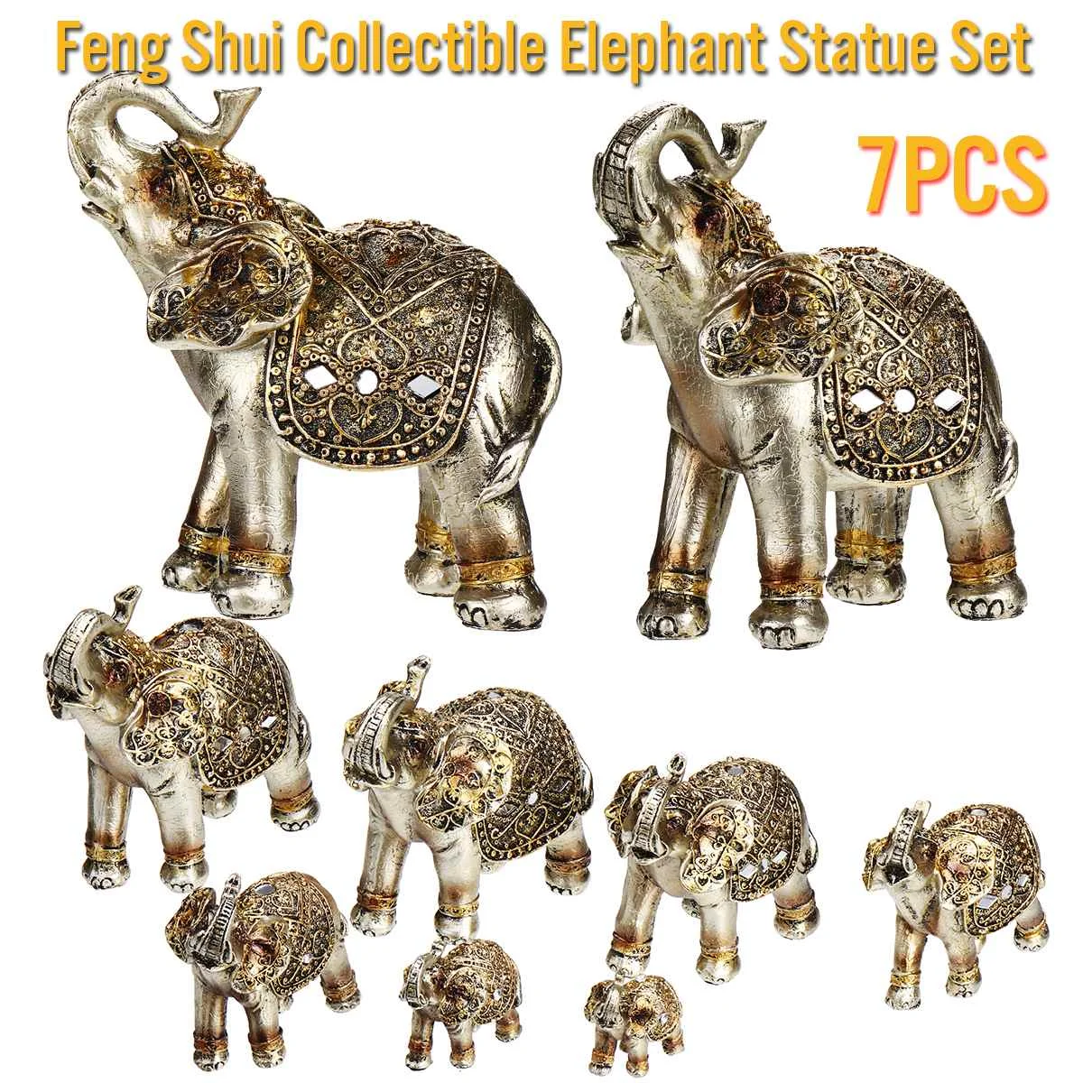 

7Pcs/Set Feng Shui Elephant Statue Ornaments Lucky Wealth Figurine Resin Crafts Gift Home Office Decoration