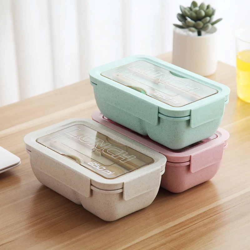 

Wheat Straw Lunch Box Microwave Bento Boxes With Spoon Chopsticks Plastic Food Container Lunchbox For Kids Student Office Worker