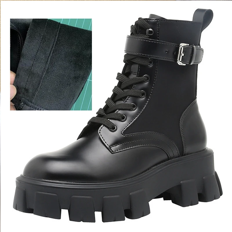 

Women Motorcycle Boot Lace Up Ladies Ankle Boots Female Buckle Strap Black Chunky Sole Pouch Ankle Boots Woman Platform Shoes