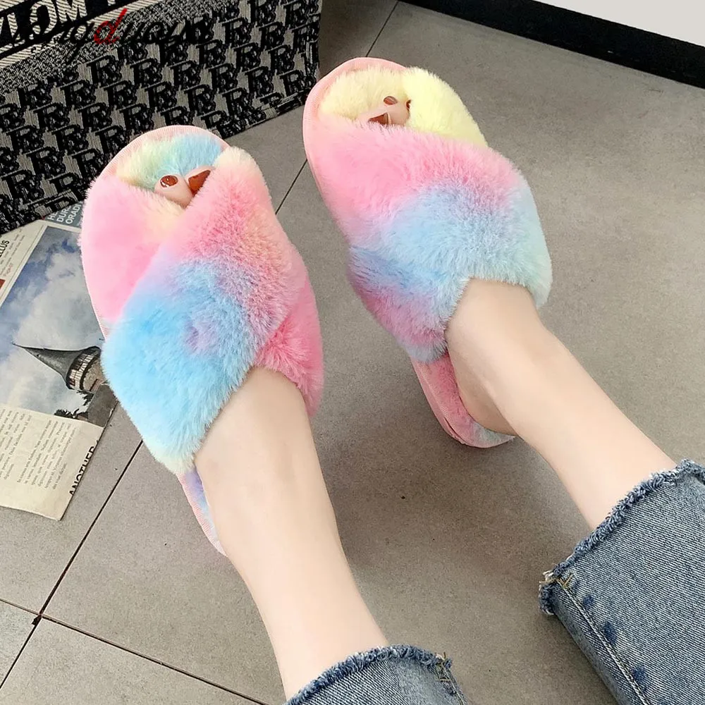

2021 New Autumn Winter House Women Fur Slippers Multi Color Comfortable Flat Ladies Shoes Non Slip Indoor Ladies Furry Slippers