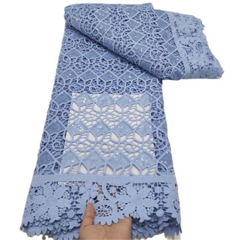 

Pure White Guipure Cord Lace High Quality Nigerian African Cord Lace Sequins Fabric Punch Water Soluble For Party Material Blue