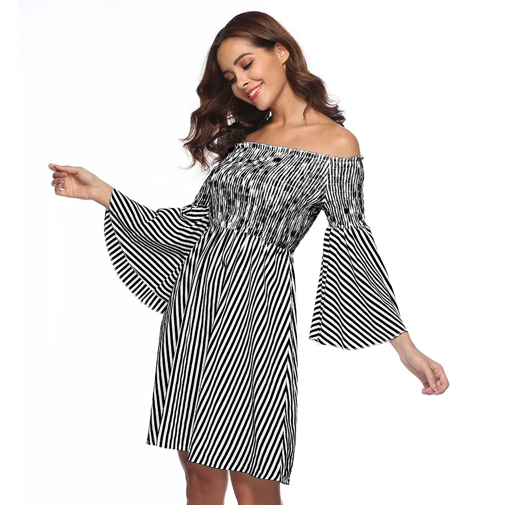 Sexy Off Shoulder Party Mini Dresses Elegant Vintage Stripe Lantern Long Sleeve Summer Holiday Style Beach Boho Dress Vestidos |