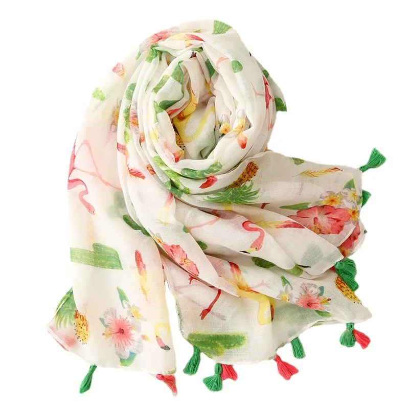 

Bohemia Creative cartoon flamingo cactus plant-printed cotton linen scarf summer travel sun shawl beach towel lady