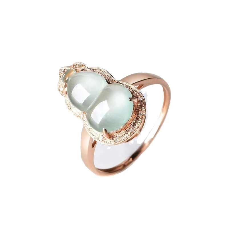 

Natural Chalcedony Ring Women's S925 Sterling Silver Gold Inlaid High Quality Ice Jadeite Jade Gourd Ring Gem Jade Ring Inlaid