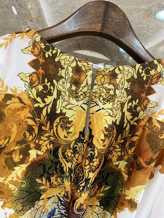 

New Top Quality Silk Long Dress 2021 Spring Summer Runway Women O-Neck Vintage National Style Print Lantern Sleeve Maxi Dress