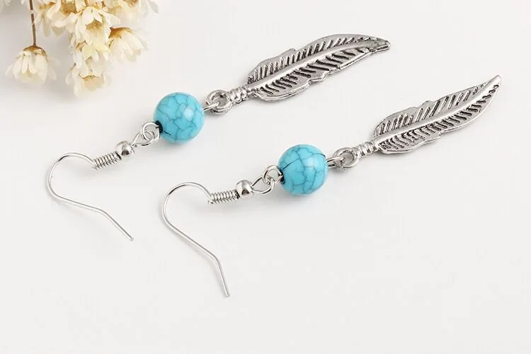 Ретро голубая каменная бусина серьги ювелирные изделия перо для женщин подарок