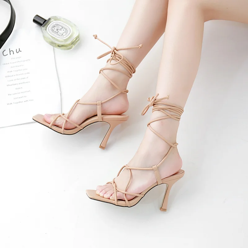 

2022 Summer Women Sandals lace up Thin Heels Ankle Cross Strap Sandals Shoes Woman Peep Toe High Heels Dress Party Shoes