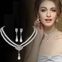 new luxury fashion bride women simulated wedding crystal simulated pearl water dropp crystal necklaces earring jewelry set