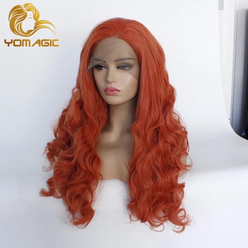 

Yomagic Red Orange Color Synthetic Hair Lace Front Wigs for Women Party Body Wave Heat Resistant Glueless Lace Wigs