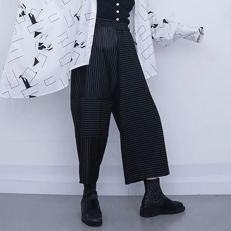 

SHENGPALAE Dark Cool Punk Pants Women's Early Spring And Autumn 2021 New Stripe Straight Tube Wide Leg Calf-length Pants 5B128