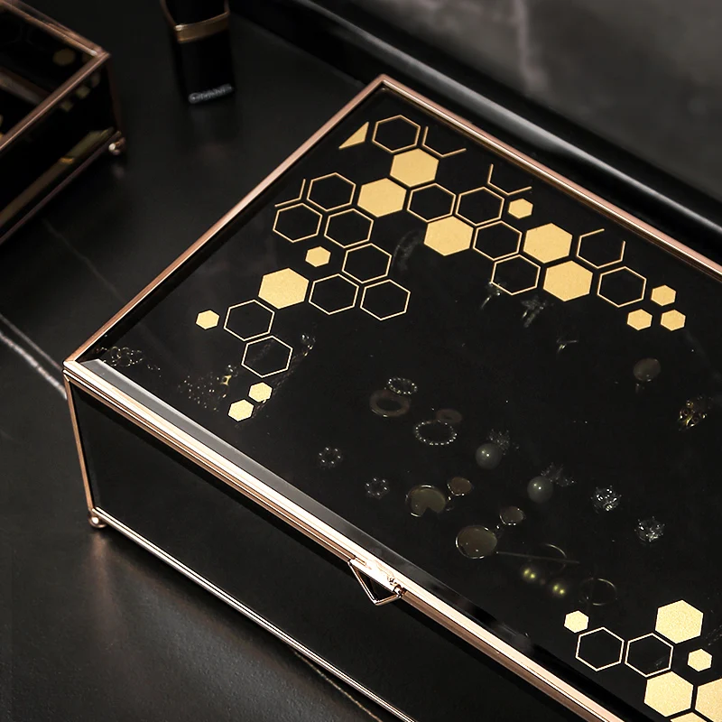 Casegrace Luxury Golden Jewelry Storage Box Desktop Glass Necklace Ring Earring Cosmetic Makeup Jewellery Case Organizer Casket