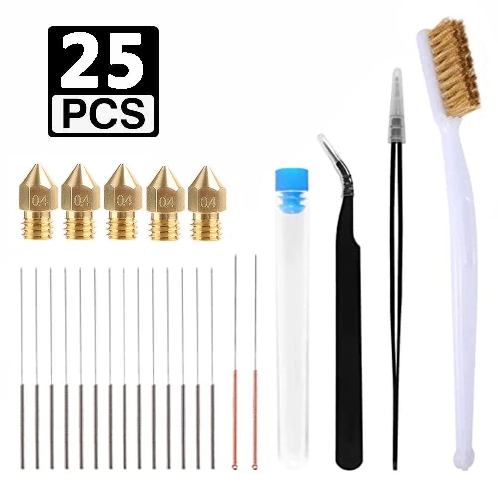 

25 Pcs/Set 3D Printer Nozzle Cleaning Kit 16 Pc Clean Needles Cleaner, 2 Pc Tweezers Cleaner,1 Copper Brush, Cleaning Tool Kit