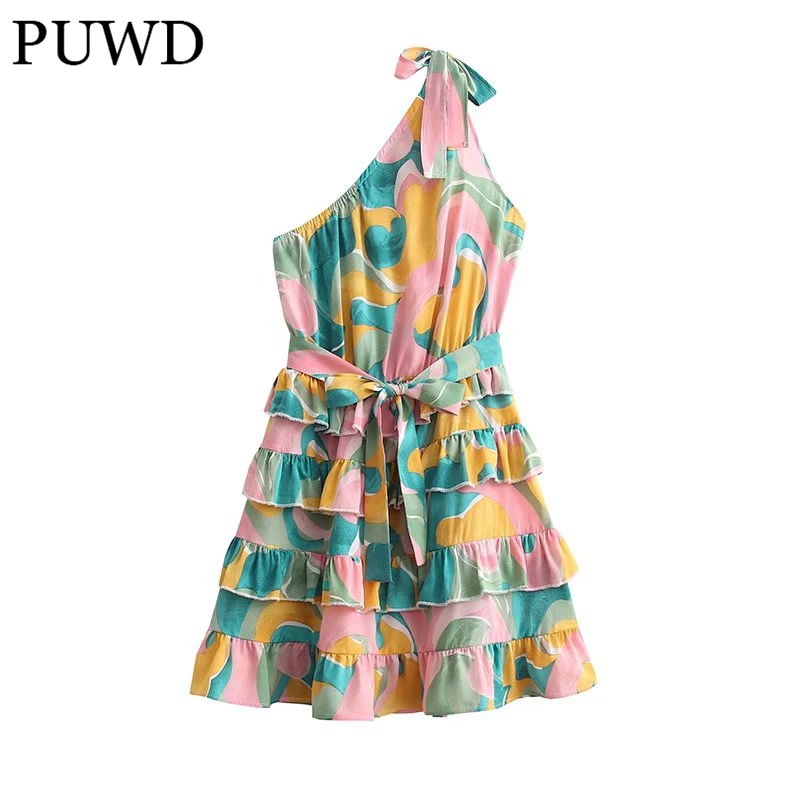 Женское шифоновое платье на одно плечо с принтом весна 2022 |