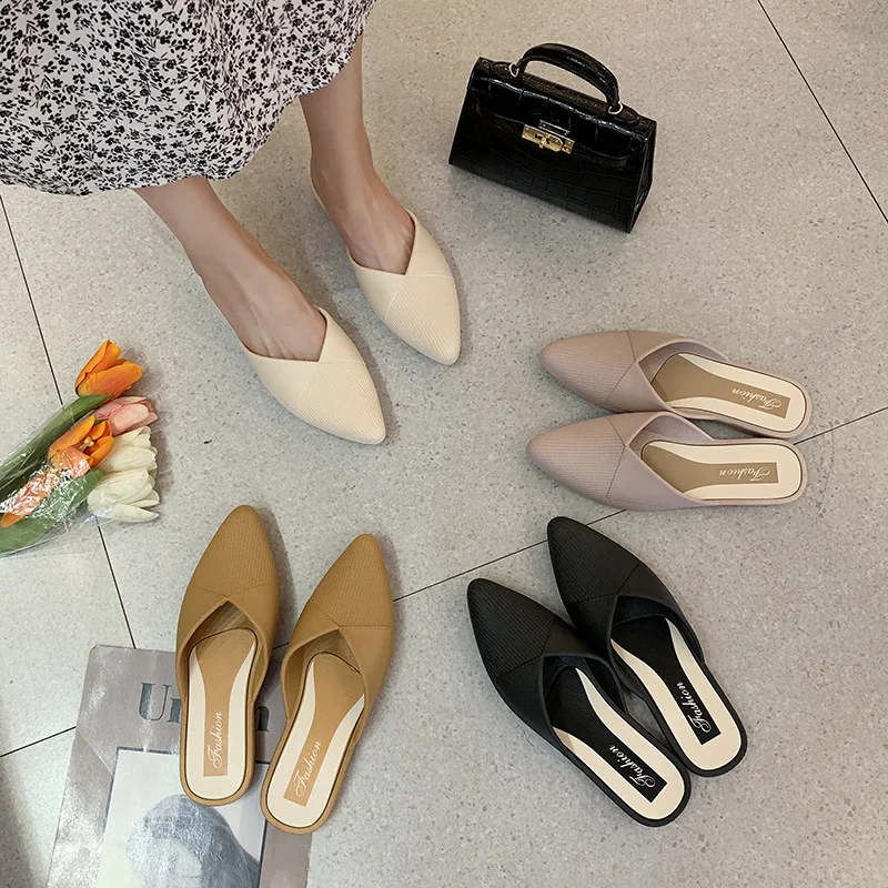 

2021 New Ladies Pointed Flat Toe Cap Shoes Indoor And Outdoor Wear Without Heel Flat Lazy Sandals And Slippers