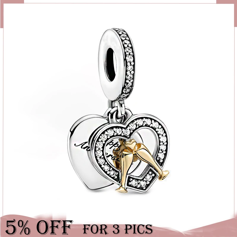 

925 Sterling Silver Bead 14k Gold Two-tone Happy Anniversary Dangle Charm Fit Original Pandora Bracelets Women Jewelry Gift