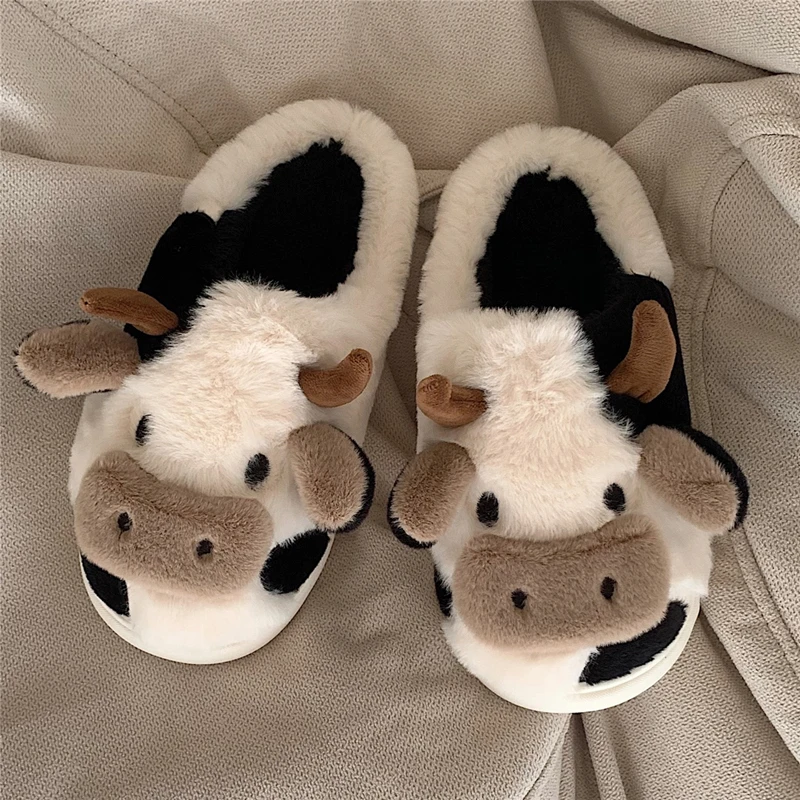 

Cute Milk Cow Fluffy Fur Slippers Women Winter Warm Closed Plush Home Slippers Bunny Kawaii Flat Cute Animal Dog Slides Shoes