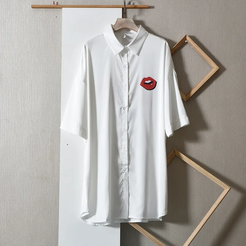 

Women Button-down Sleepshirt Satin Home Clothing Short Sleeve White Nightgown Summer New Casual Print Sleepwear Nightdress
