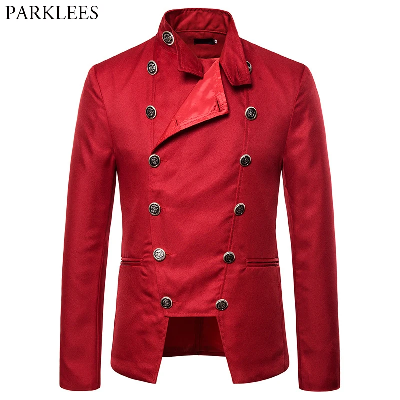 Мужской повседневный приталенный двубортный блейзер с карманами ярко красный