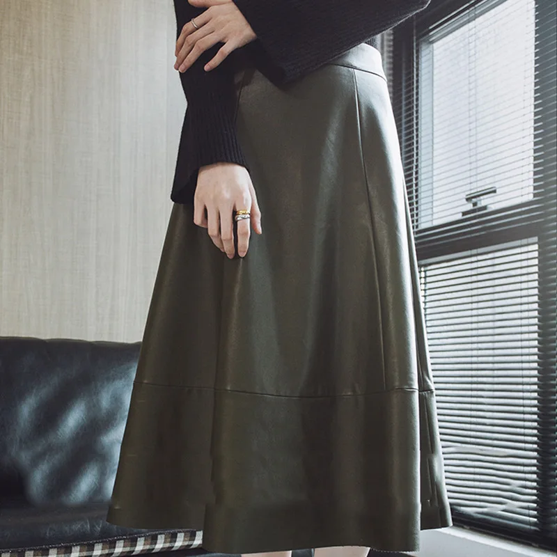 

Женская Юбка-миди из искусственной кожи, однотонная трапециевидная юбка с высокой талией и большим подолом, элегантная офисная юбка для жен...