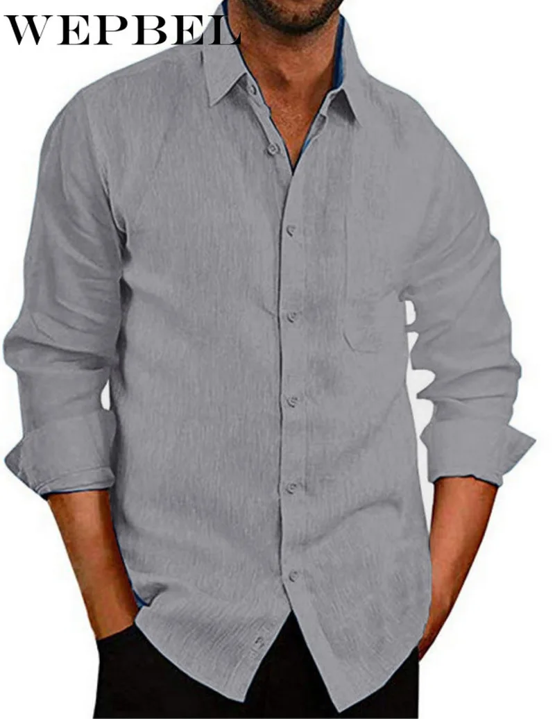 

WEPBEL Men's Linen Button Shirts Single-Breasted Blouses Men Fashion Long Sleeve Shirts Casual Shirts Tops