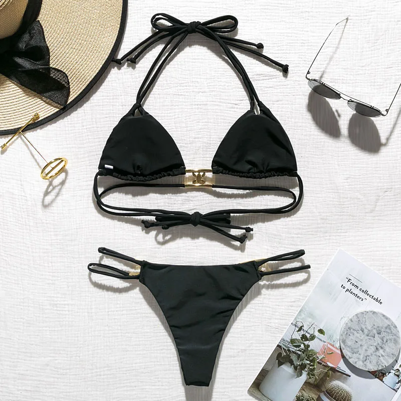 In-X Crystal bikini Sexy halter swimsuit female Solid string bikini set High cut swimwear women Shiny bathing suit Bathers