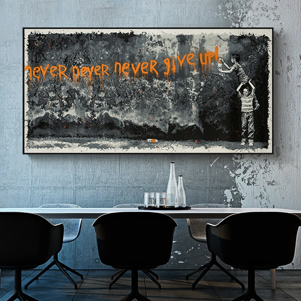 

Graffiti Street two Boys write Never Give Up Canvas Painting Poster and Prints Wall Art Inspirational Pictures for Living Room