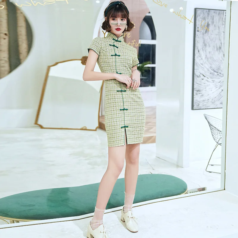 Женское платье Ципао зеленое хлопковое облегающее в клетку вечерние короткие