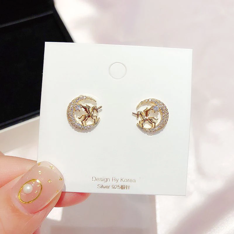 Изысканный CZ кристалл луна серьги в виде единорогов ювелирные изделия из золота