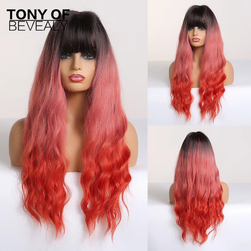 Длинные черные и красные волосы омбре с челкой термостойкие синтетические