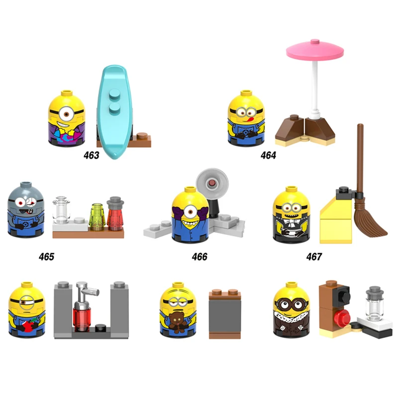 

8pcs/lot Catoon Figure Set Summer Beach Phil Bob Jon Mark Kevin Building Blocks Models Bricks Children Toys X0141