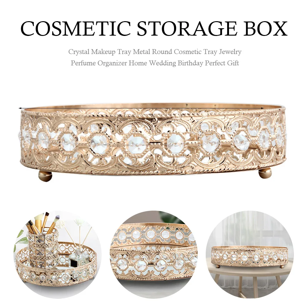 

Crystal Makeup Tray Metal Round Cosmetic Tray Jewelry Perfume Organizer Home Wedding Birthday Perfect Gift