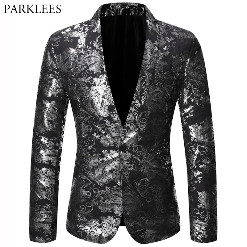 Серебряный жаккардовый блейзер для мужчин с отворотами Мужской Блейзер пиджак
