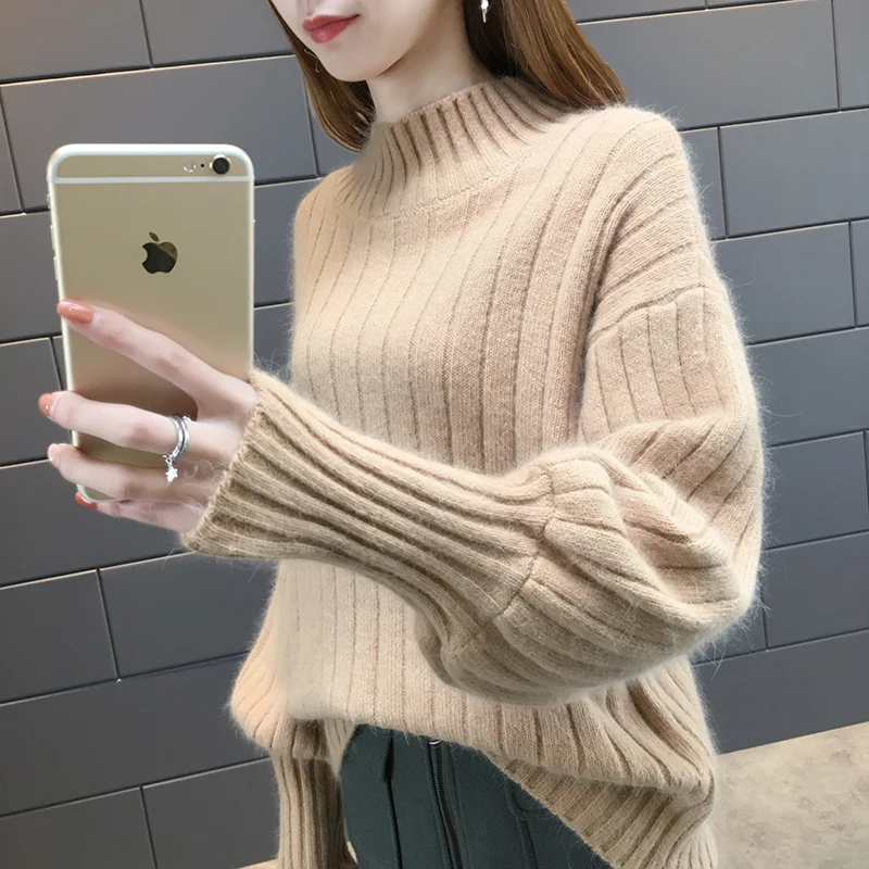 

2019 Women Sweater Clothes New Fashion Korean Autumn Winter Lantern Sleeve Half Turtleneck Lady Female Sweater New NS4370