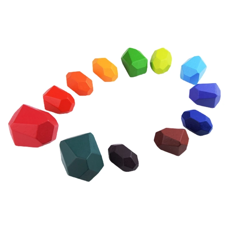 

12Pcs Children Wooden Colored Stone Kids Creative Educational Montessori Toys Gifts Stacking Game Building Block Dropshipping
