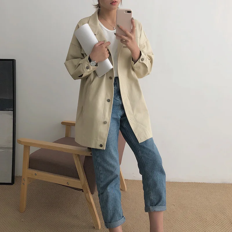 

Student Bat Sleeved Denim Windbreaker Cotton Female Casual Mid-length All-match Cardigan Autumn Korean Loose Denim Coat