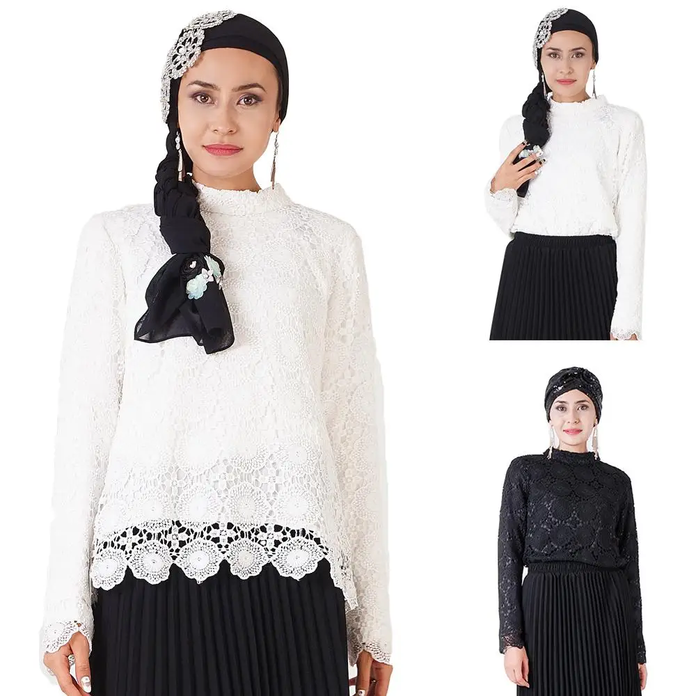 Элегантные мусульманские женские кружевные топы с длинным рукавом Блузка