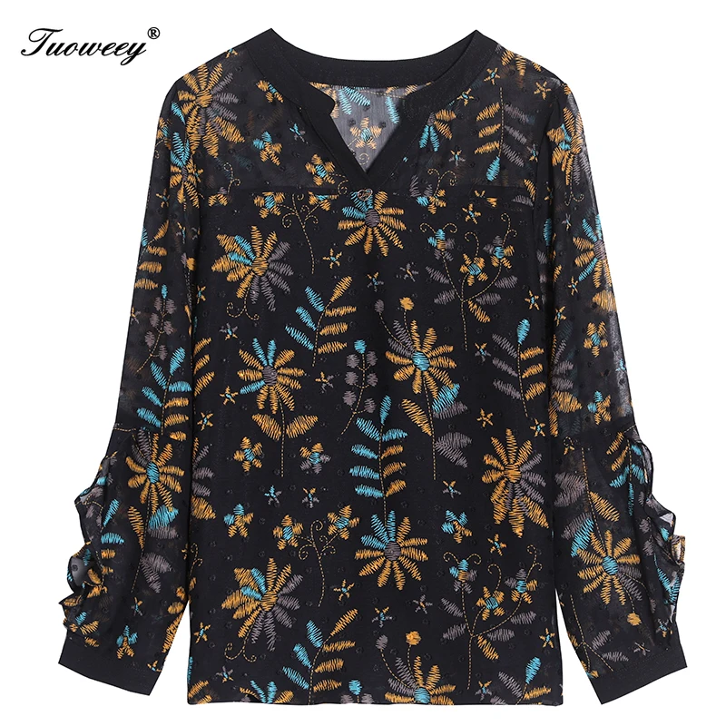 

2020 autumn and winter 4XL new Woman shirts Fashion sexy v-neck diamond Mesh tops Elegant loose floral women's blouses