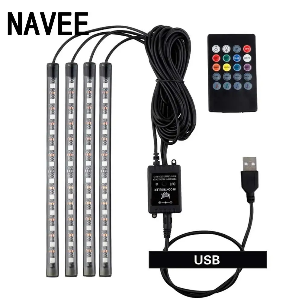 

4pc Car Interior LED Strip Lights Auto Dash Floor Foot Ambient Atmosphere Styling Neon Decorative Lamp Wireless Remote Mode