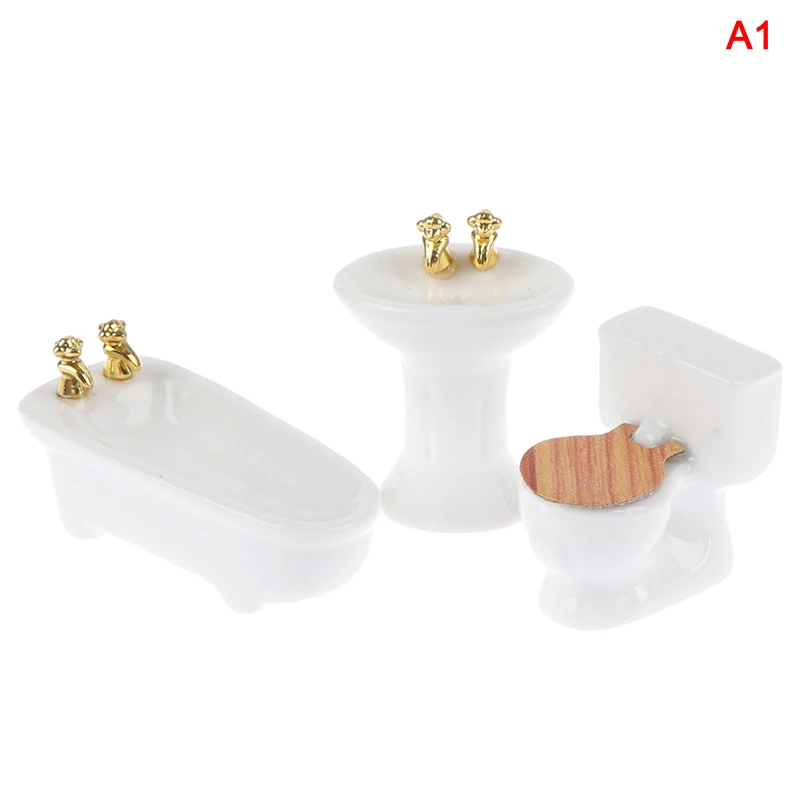 1Set(3pcs) 1/24 Dollhouse Miniature Bathroom Set Ceramic Bathtub Toilet for Dolls House Furniture Play Toy 3Styles