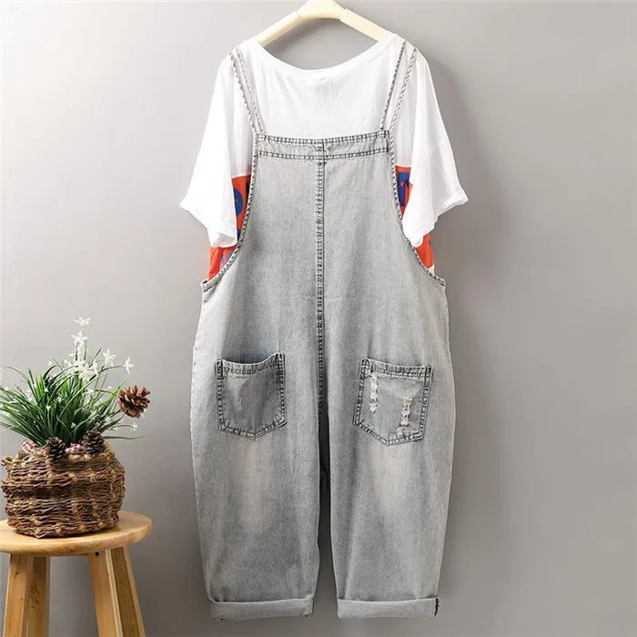 Cartoon embroidered Women Denim Jumpsuit Baggy Suspenders Cowboy Pants Hole Ripped Casual Loose Female Jeans Rompers |