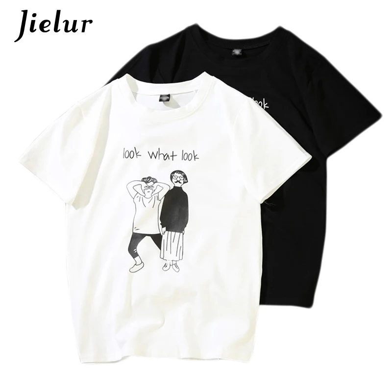 Jielur Новые летние женские футболки Harajuku BF напечатанные буквы Забавный с круглым