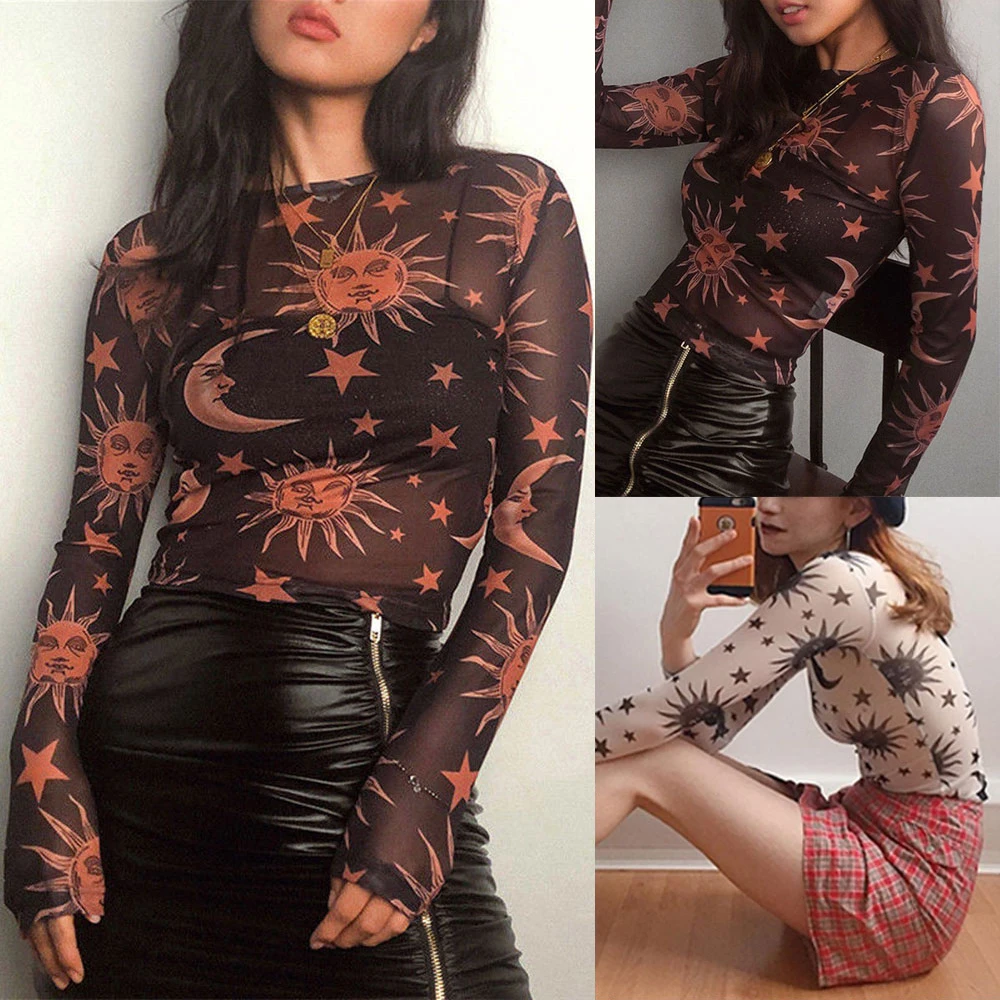 Сексуальный прозрачный женский укороченный топ для девочек сетчатый с принтом