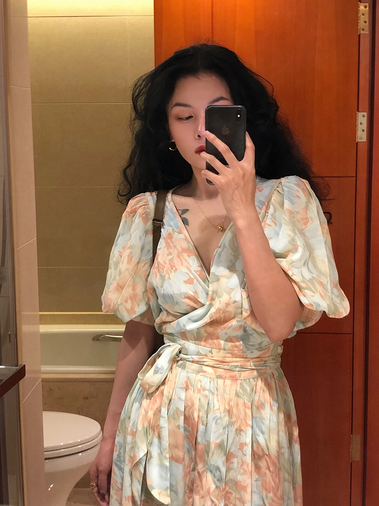 

New 2021 Summer Casual Women Lantern Short Sleeve Print Dress Elegant Lace Up A Line Robe Dresses Retro Casual Vacation Dresses