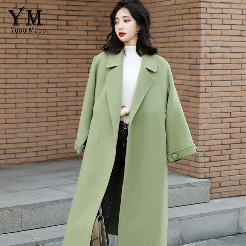 Женское шерстяное пальто YuooMuoo длинное зеленое с отложным воротником и поясом в