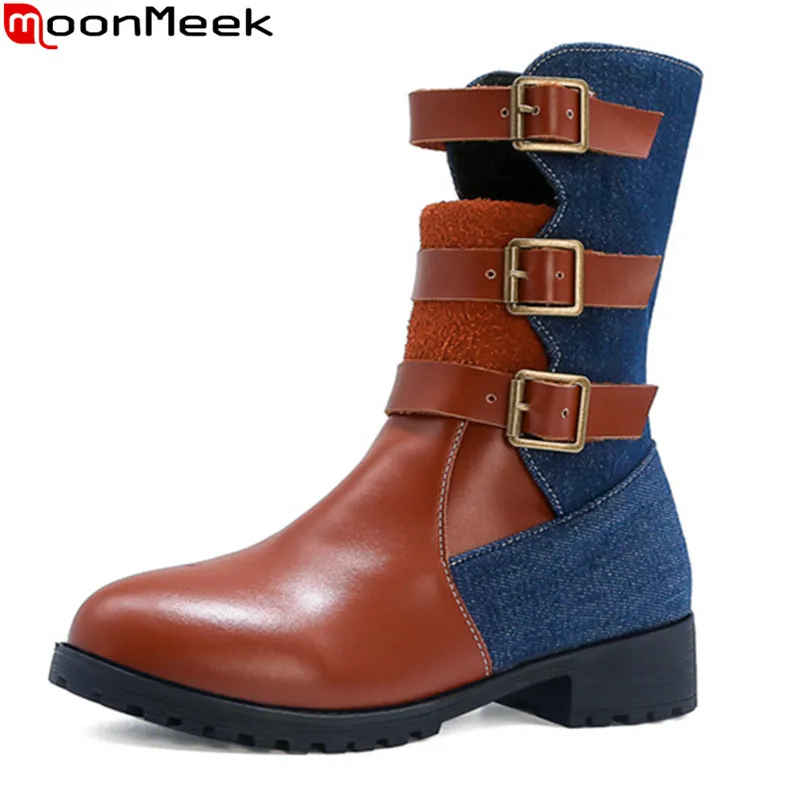 

MoonMeek 2020 Big size 33-46 fashion women boots med heels round toe buckle ladies shoes winter mixed colors ankle boots