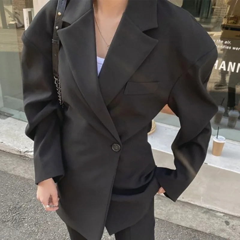 

Spring and Autumn New Solid Black Single Button Suit Slim Notched Women Blazers