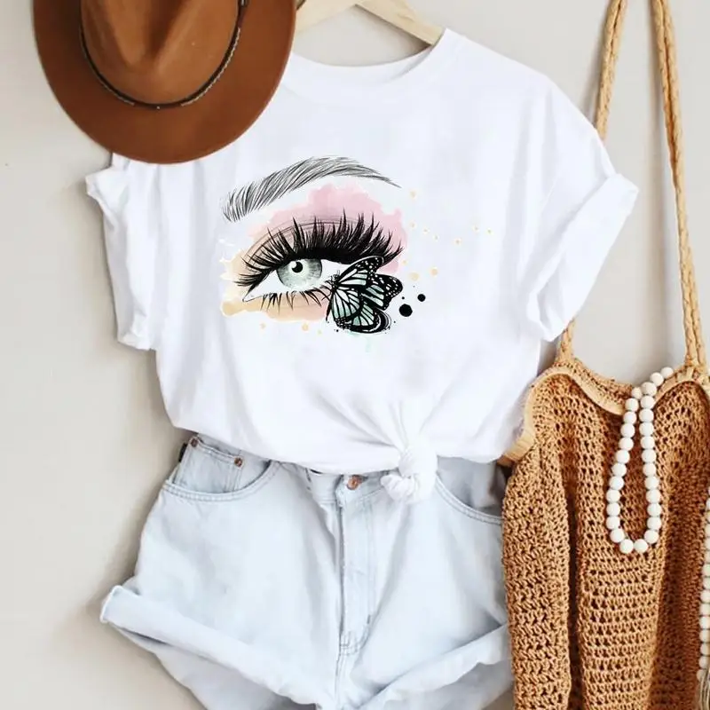 

2021 Women Ladies Watercolor Casual Eye Eyelash Fashion Cartoon Summer Lady Print Tee Stylish T Top Tshirts Clothes T-Shirt