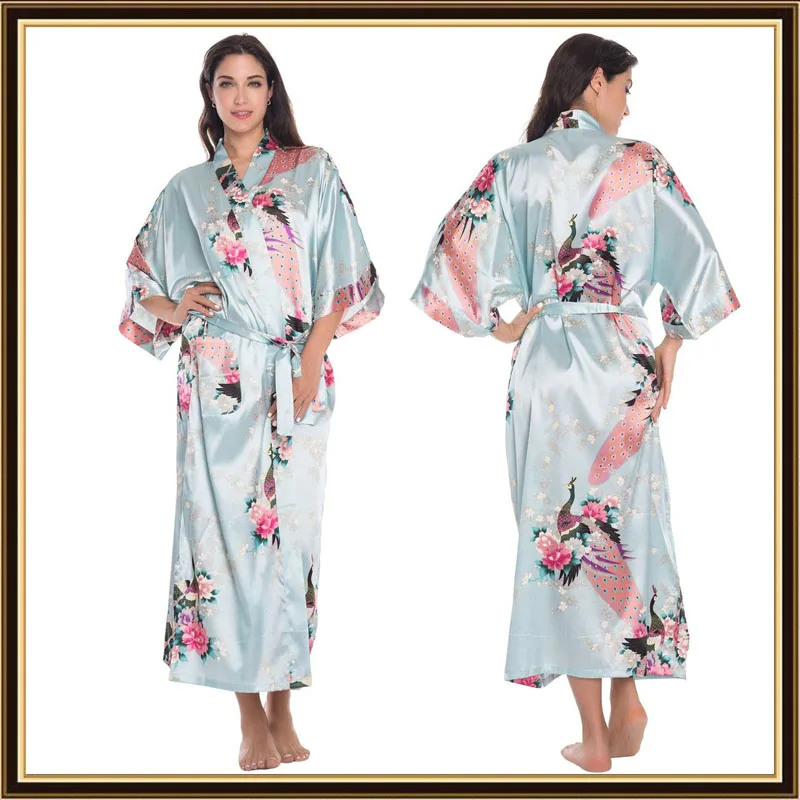 Light blue Женское японское кимоно с коротким рукавом свободного кроя, атласная Шелковая пижама, пижама, павлин, спа, юката, купальный халат, женское длинное платье - Цвет: Light blue