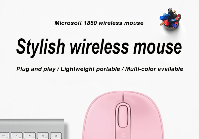 Microsoft 1850 Беспроводная мини-мышь, портативная офисная 2,4 ГГц Беспроводная розовая мышь, оригинальная креативная ПК Милая карманная мышка